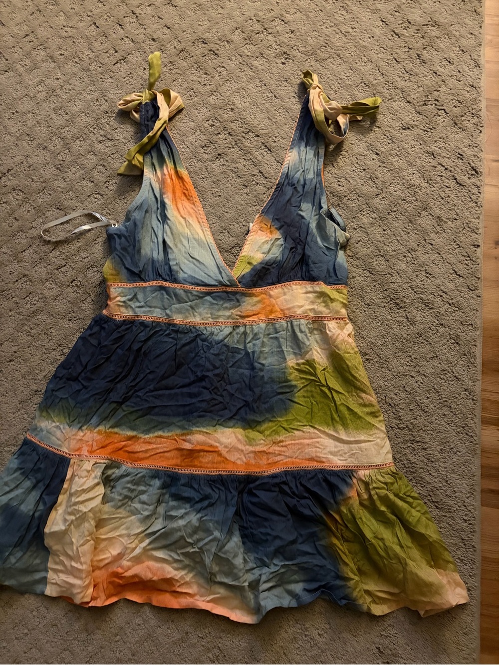 Tie-Dye V-Neck Summer Dress in Blue, Green & Orange